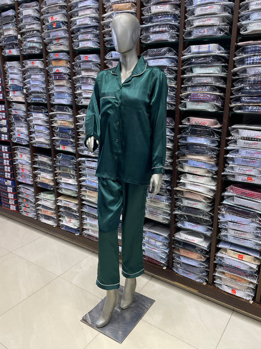 Silk Night Suit for Women – Dark Green