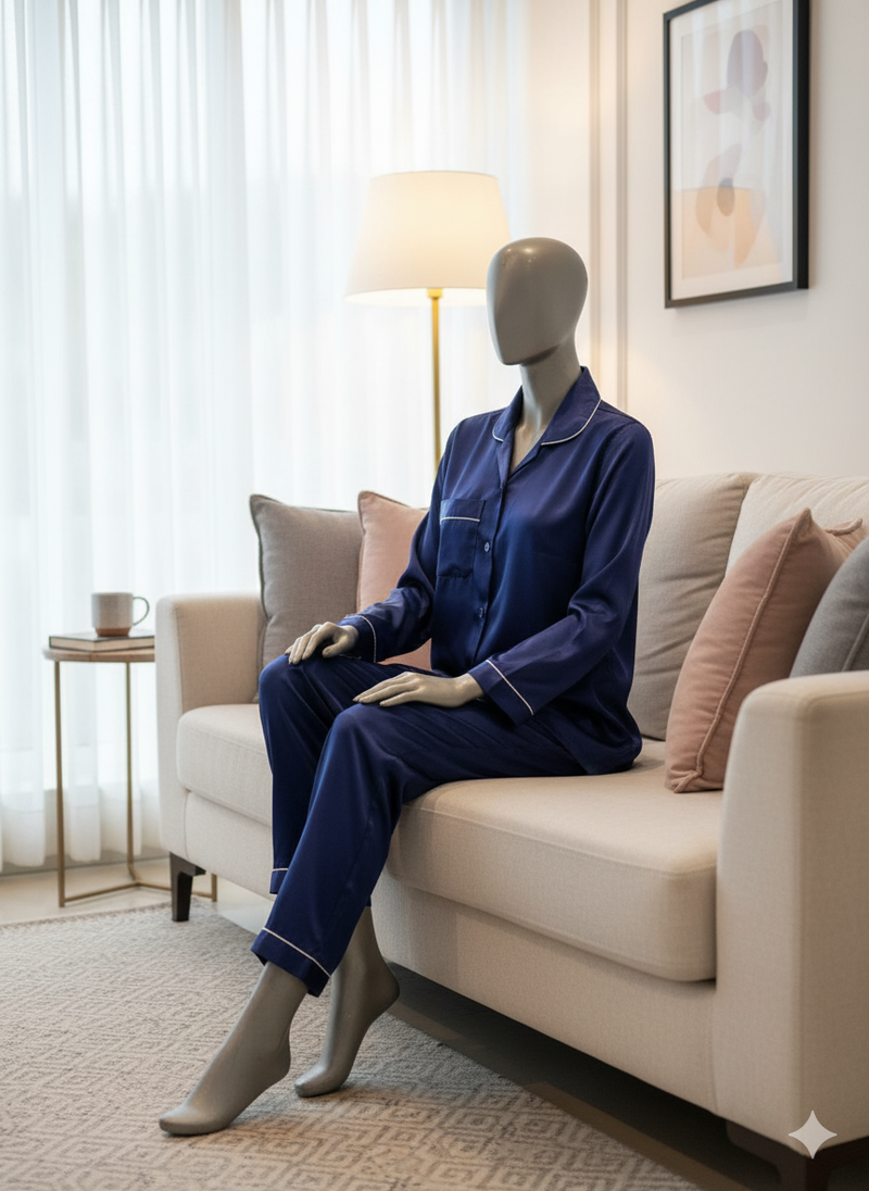 Silk Night Suit for Women – Navy Blue