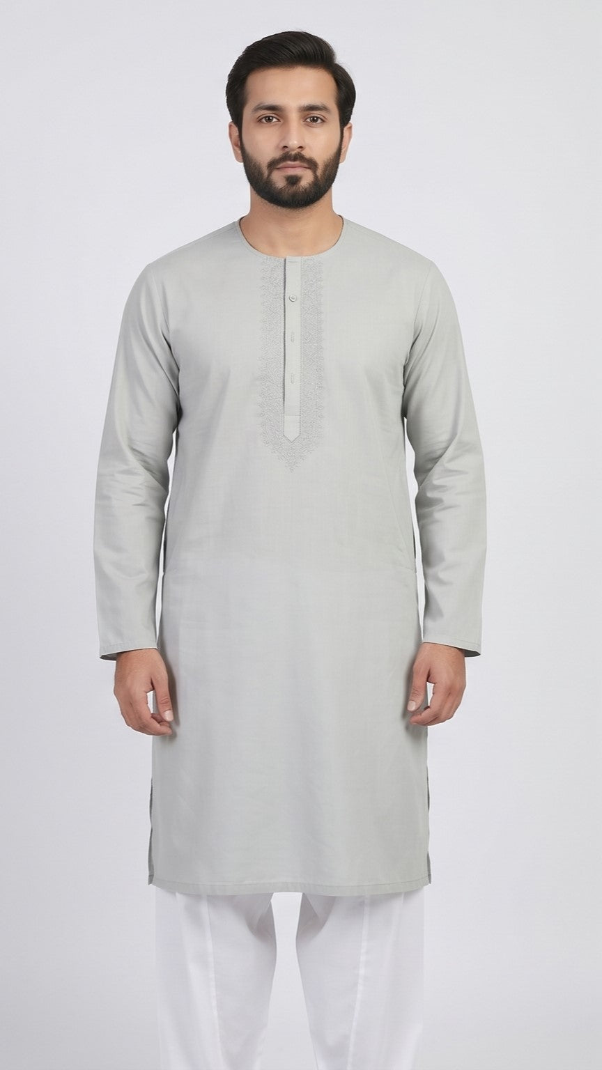 Mist Grey Classic Round Neck Kurta – Light Grey