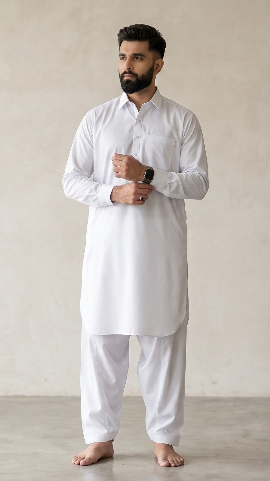 Off-White Qameez Shalwar for Men | Shirt Collar