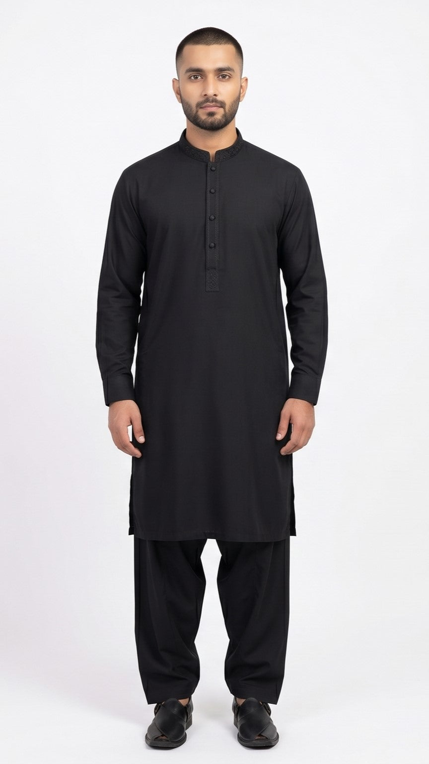 Black Shalwaar Qameez With Embroidery - Large
