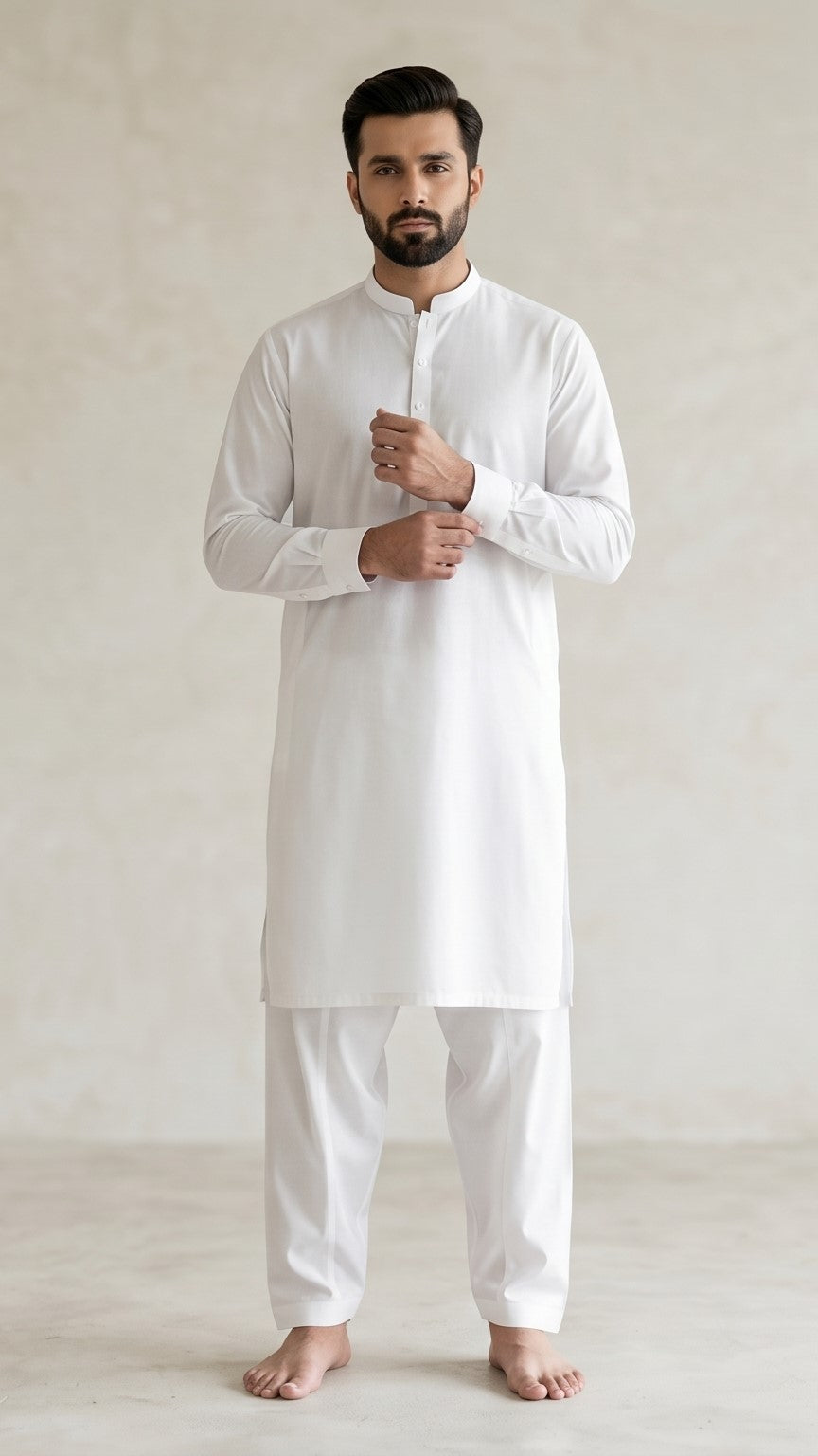 Off-White Shalwar Kameez for Men | Bend Collar