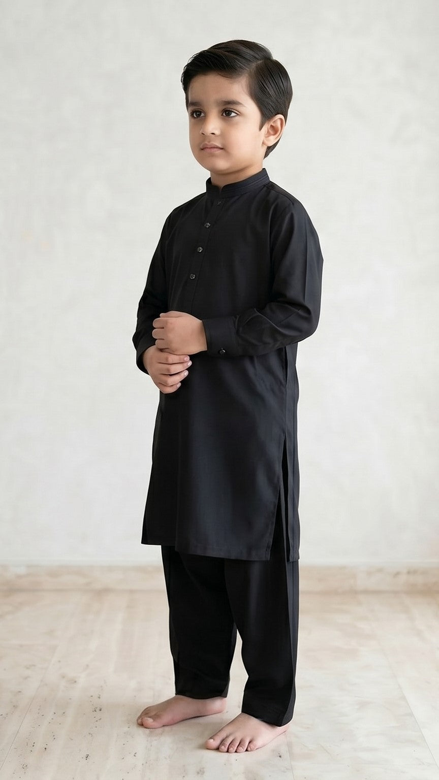 Black Shalwar Kameez – Sherwani Collar Kids (2–6 Years)
