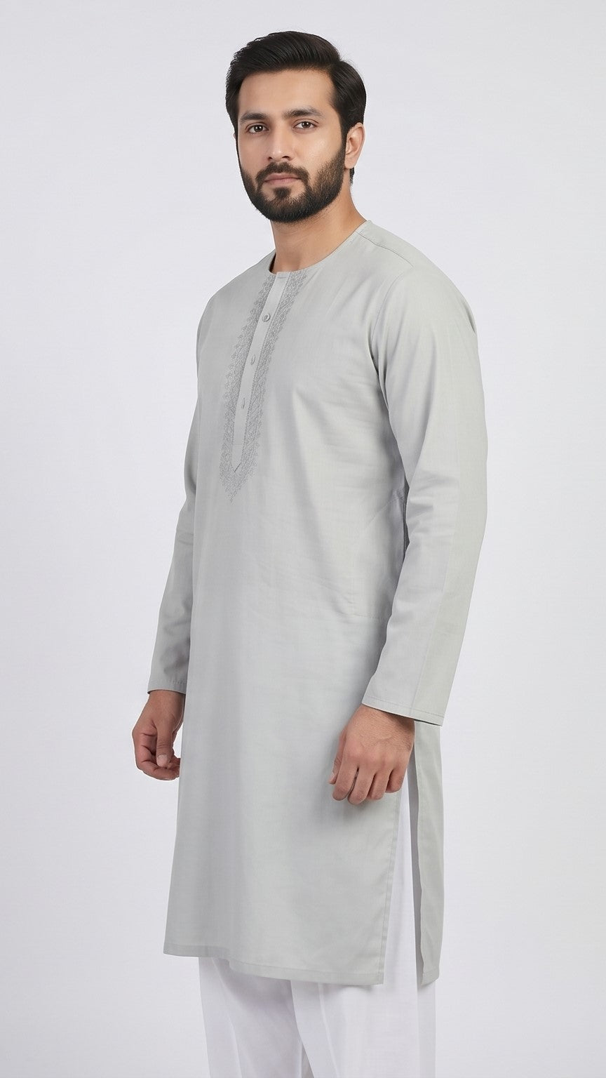 Mist Grey Classic Round Neck Kurta – Light Grey