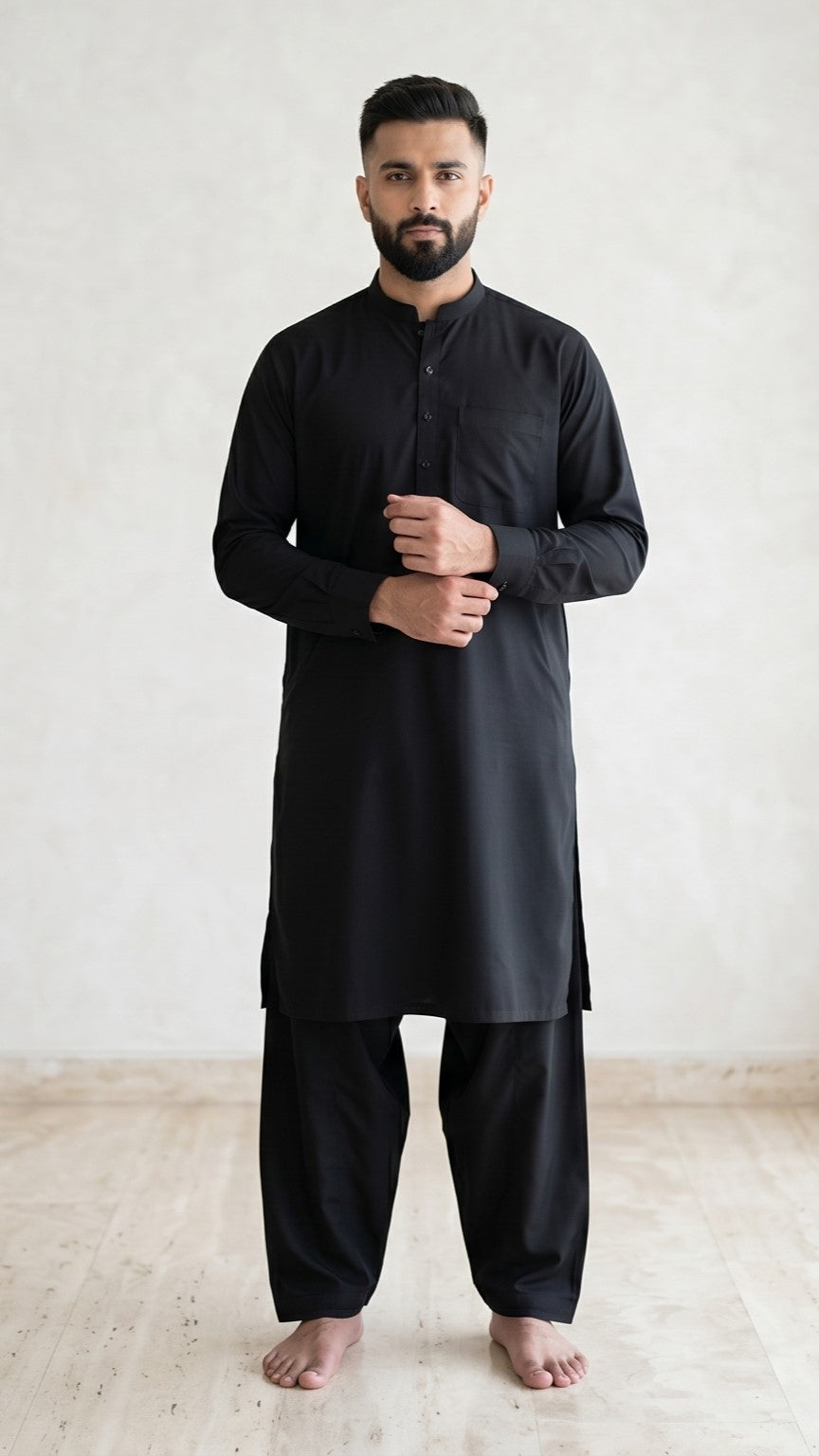 Men’s Black Shalwar Kameez | Bend Collar