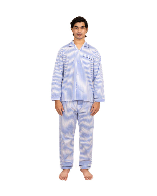 Men and Women Sky Color With Stripe Print Night Suit - Sleep Wear | 100% Cotton