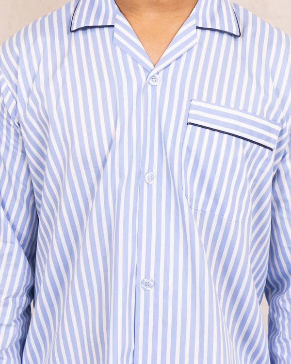 Men and Women Sky Color With Stripe Print Night Suit - Sleep Wear | 100% Cotton