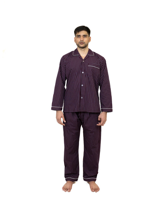 Men and Women Maroon With Stripe Print Night Suit - Sleep Wear | 100% Cotton